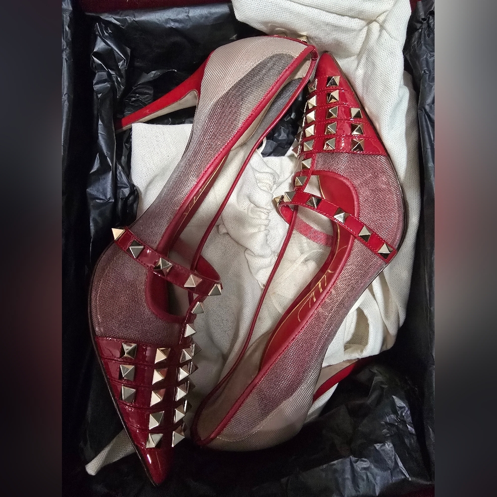 Valentino Garavani Red and Gold Studded Heels